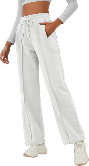 ELLEVEN Women's Wide-Leg Sweatpants, Cotton Joggers Causal Drawstring High Waist Baggy Pants with Pockets