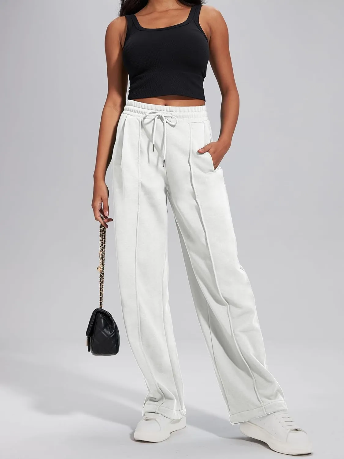ELLEVEN Women's Wide-Leg Sweatpants, Cotton Joggers Causal Drawstring High Waist Baggy Pants with Pockets
