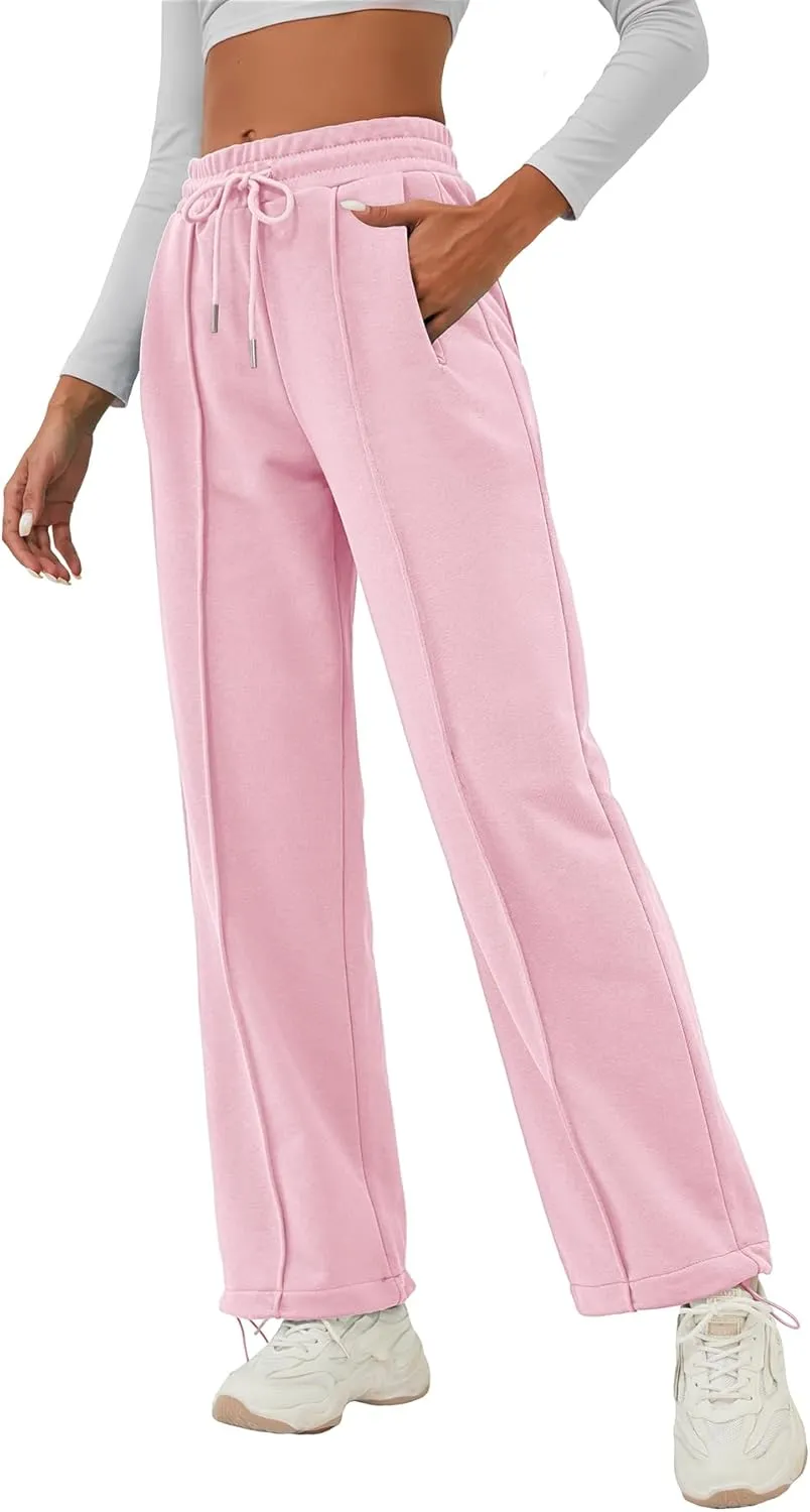 ELLEVEN Women's Wide-Leg Sweatpants, Cotton Joggers Causal Drawstring High Waist Baggy Pants with Pockets