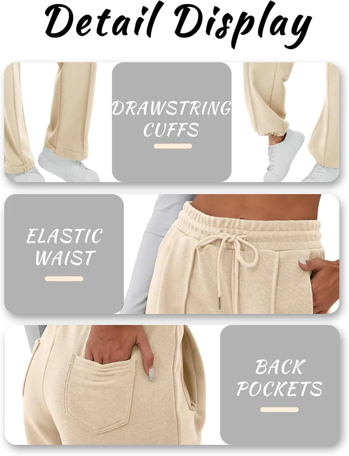 ELLEVEN Women's Wide-Leg Sweatpants, Cotton Joggers Causal Drawstring High Waist Baggy Pants with Pockets