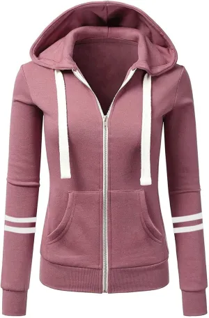 Fall Full Zip Hoodies for Women Plain Striped Hooded Jacket Casual Drawstring Sweatshirts Pullover Tops with Pockets