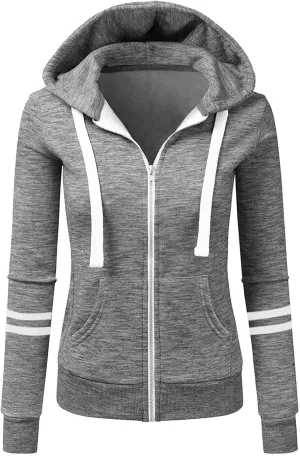 Fall Full Zip Hoodies for Women Plain Striped Hooded Jacket Casual Drawstring Sweatshirts Pullover Tops with Pockets