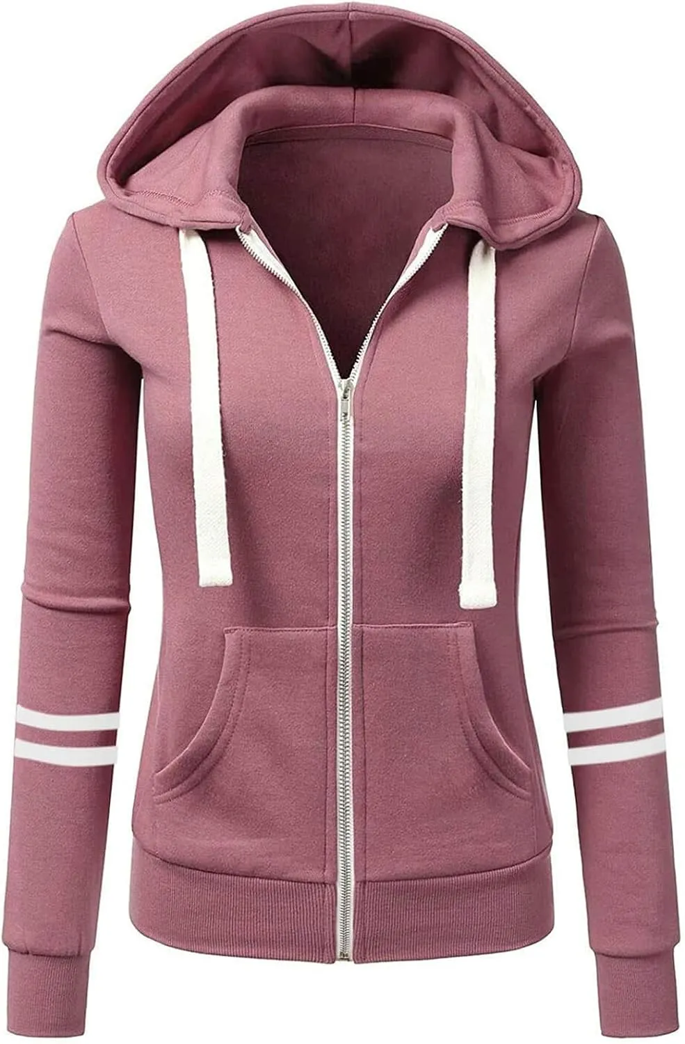 Fall Full Zip Hoodies for Women Plain Striped Hooded Jacket Casual Drawstring Sweatshirts Pullover Tops with Pockets