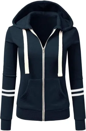 Fall Full Zip Hoodies for Women Plain Striped Hooded Jacket Casual Drawstring Sweatshirts Pullover Tops with Pockets