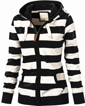 Fall Full Zip Hoodies for Women Plain Striped Hooded Jacket Casual Drawstring Sweatshirts Pullover Tops with Pockets