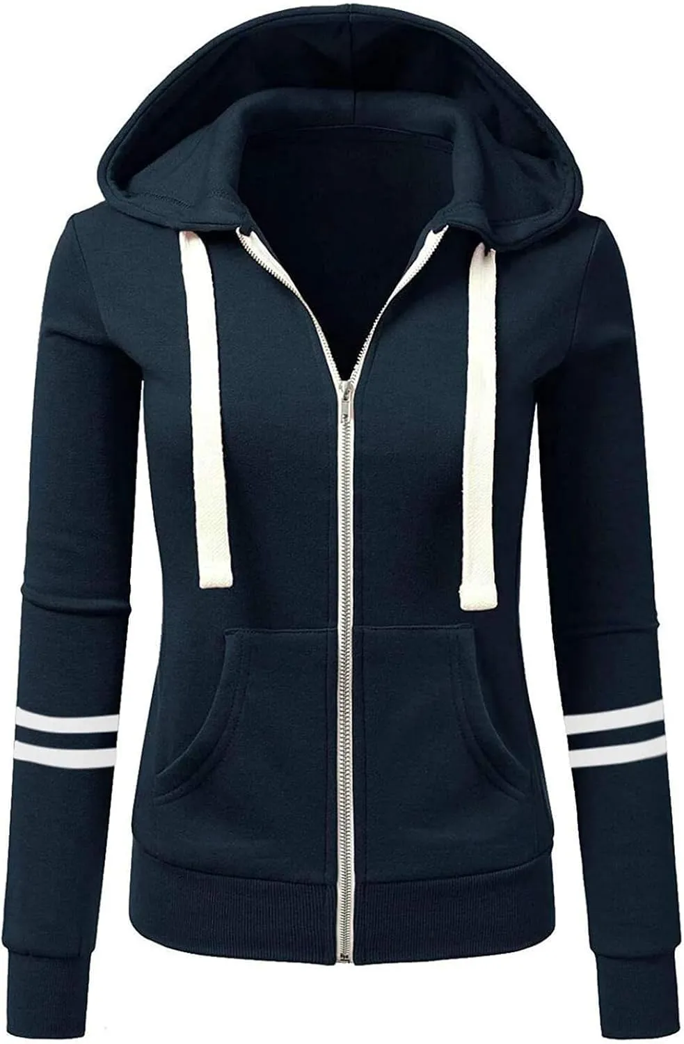 Fall Full Zip Hoodies for Women Plain Striped Hooded Jacket Casual Drawstring Sweatshirts Pullover Tops with Pockets