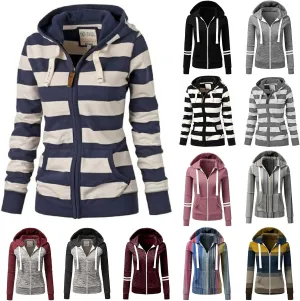 Fall Full Zip Hoodies for Women Plain Striped Hooded Jacket Casual Drawstring Sweatshirts Pullover Tops with Pockets