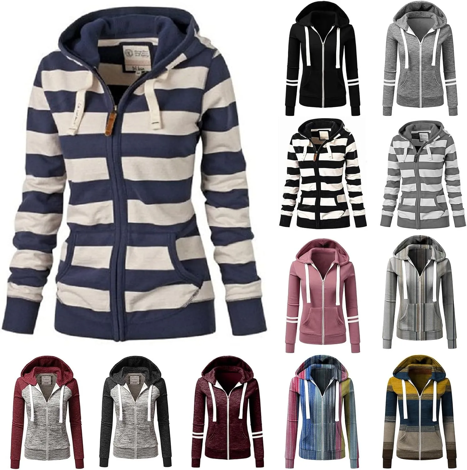 Fall Full Zip Hoodies for Women Plain Striped Hooded Jacket Casual Drawstring Sweatshirts Pullover Tops with Pockets