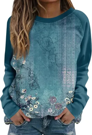 Fall Sweatshirts for Women Long Sleeve Crewneck Vintage Sweatshirt Floral Print Loose Fit Oversized Sweater Clothing