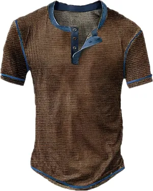 Fashion Henley Shirts for Men Vintage Short Sleeve Cotton Tee Shirts Button Down Washed T-Shirts Plaid Print Tops