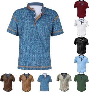 Fashion Henley Shirts for Men Vintage Short Sleeve Cotton Tee Shirts Button Down Washed T-Shirts Plaid Print Tops