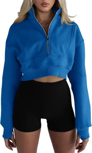 Fisoew Women's Half Zipper Cropped Sweatshirts Casual Long Sleeve Tops With Thumb Hole