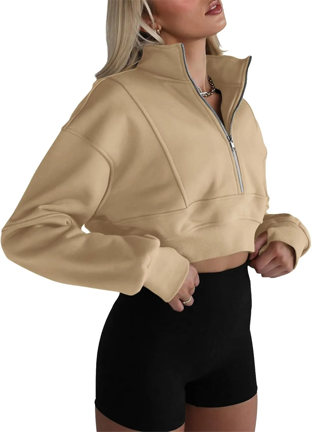 Fisoew Women's Half Zipper Cropped Sweatshirts Casual Long Sleeve Tops With Thumb Hole
