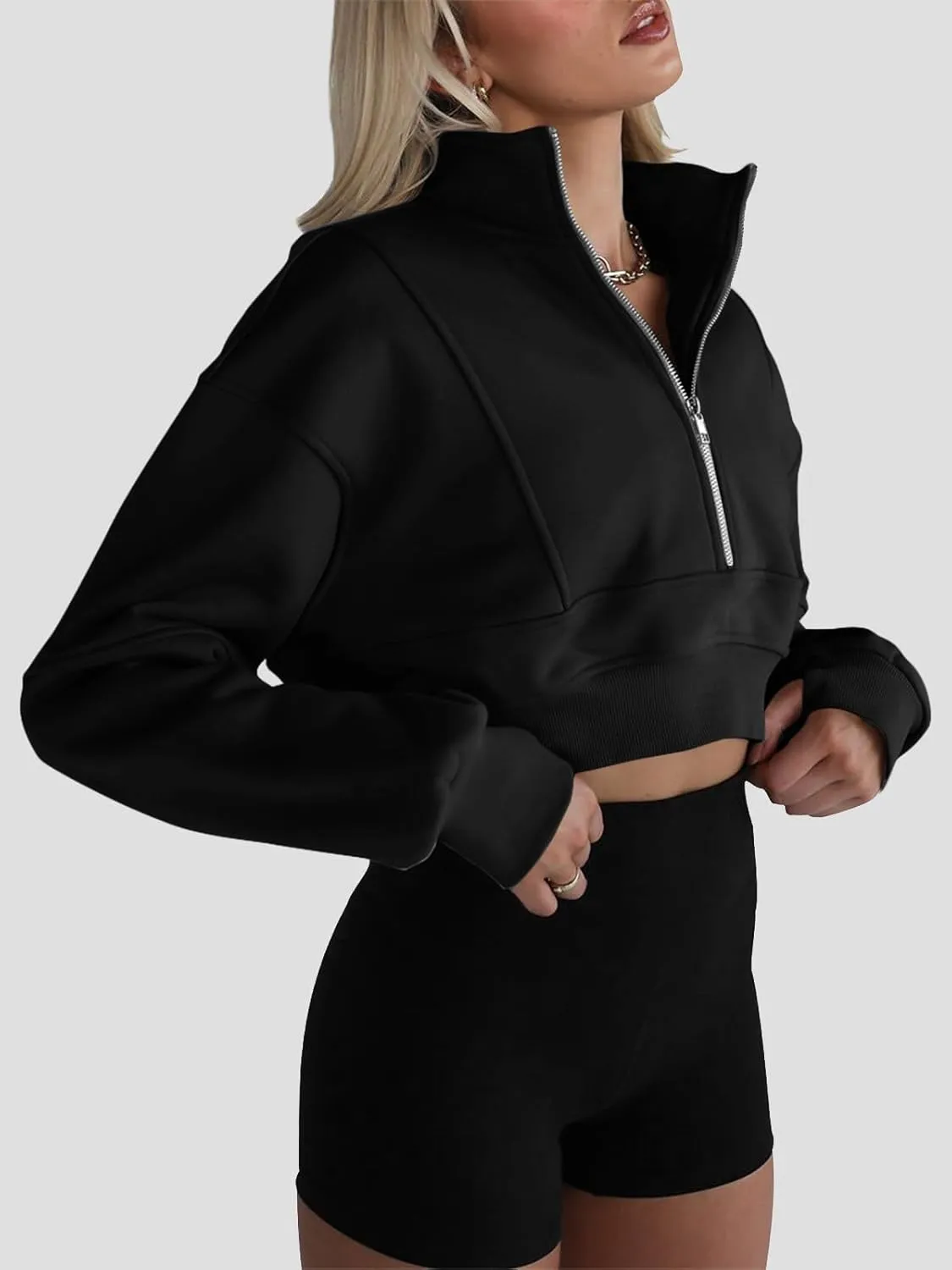 Fisoew Women's Half Zipper Cropped Sweatshirts Casual Long Sleeve Tops With Thumb Hole