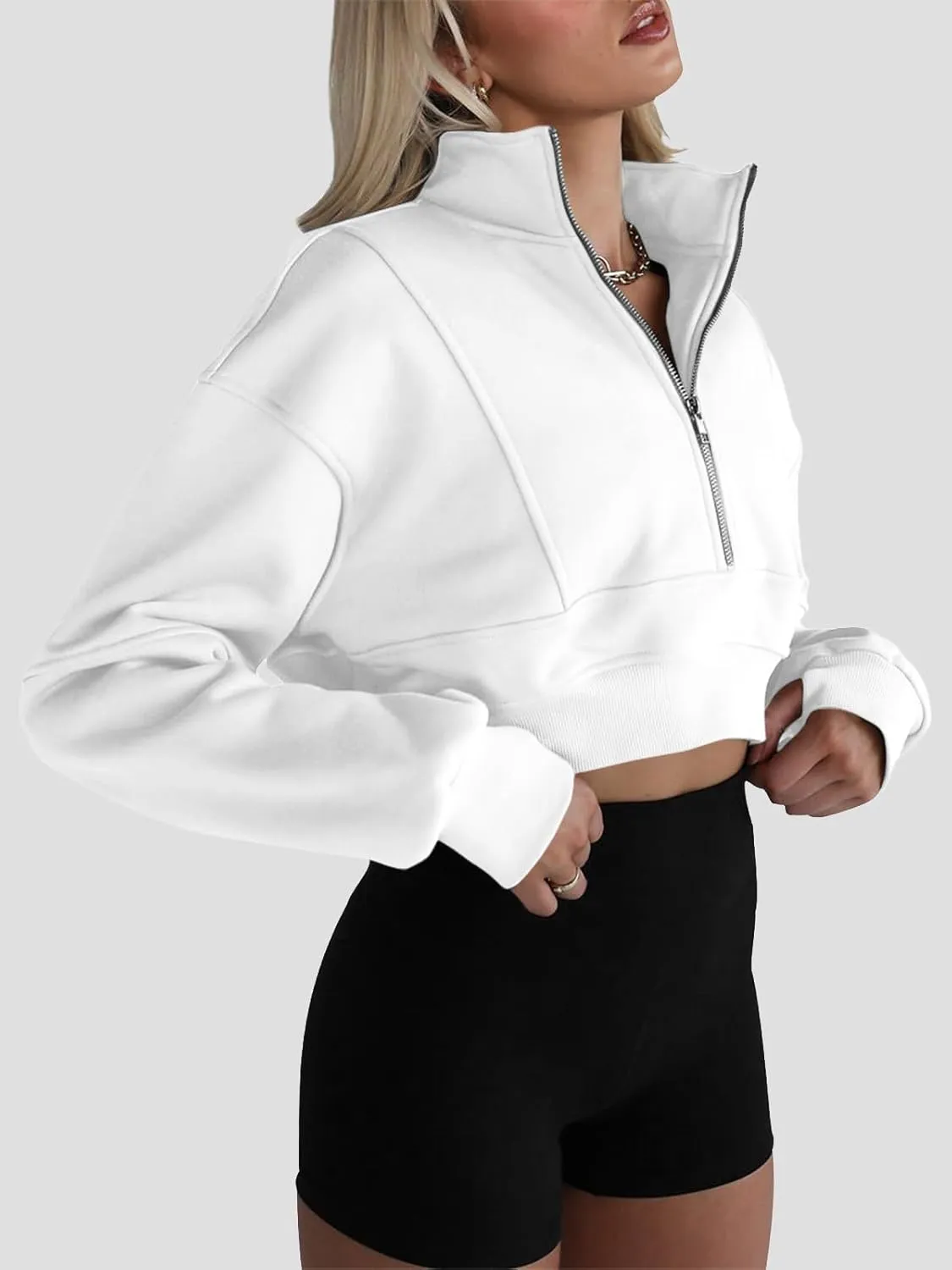 Fisoew Women's Half Zipper Cropped Sweatshirts Casual Long Sleeve Tops With Thumb Hole