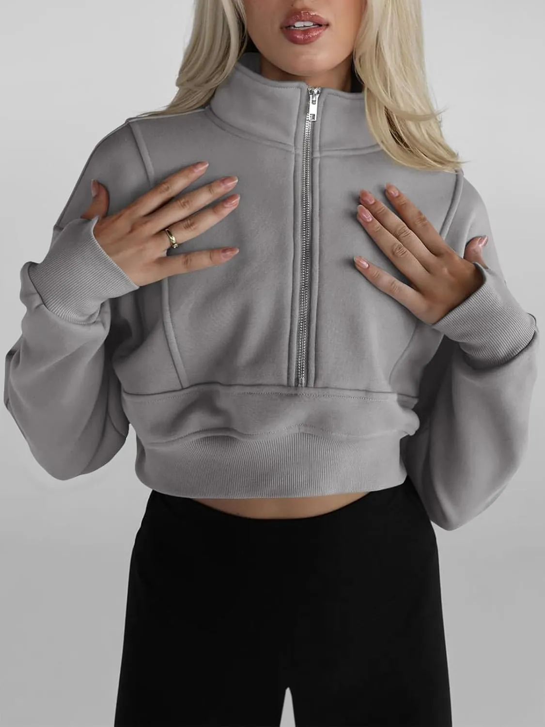 Fisoew Women's Half Zipper Cropped Sweatshirts Casual Long Sleeve Tops With Thumb Hole