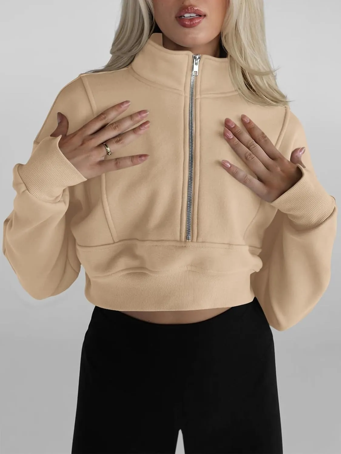 Fisoew Women's Half Zipper Cropped Sweatshirts Casual Long Sleeve Tops With Thumb Hole