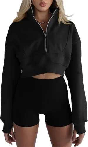 Fisoew Women's Half Zipper Cropped Sweatshirts Casual Long Sleeve Tops With Thumb Hole
