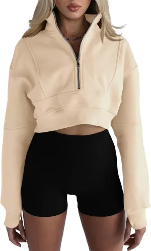 Fisoew Women's Half Zipper Cropped Sweatshirts Casual Long Sleeve Tops With Thumb Hole