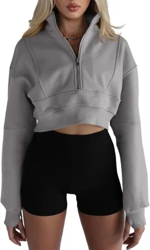 Fisoew Women's Half Zipper Cropped Sweatshirts Casual Long Sleeve Tops With Thumb Hole