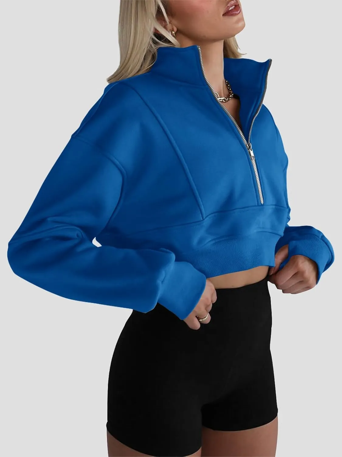 Fisoew Women's Half Zipper Cropped Sweatshirts Casual Long Sleeve Tops With Thumb Hole