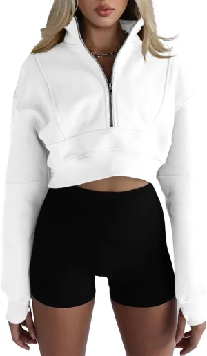 Fisoew Women's Half Zipper Cropped Sweatshirts Casual Long Sleeve Tops With Thumb Hole