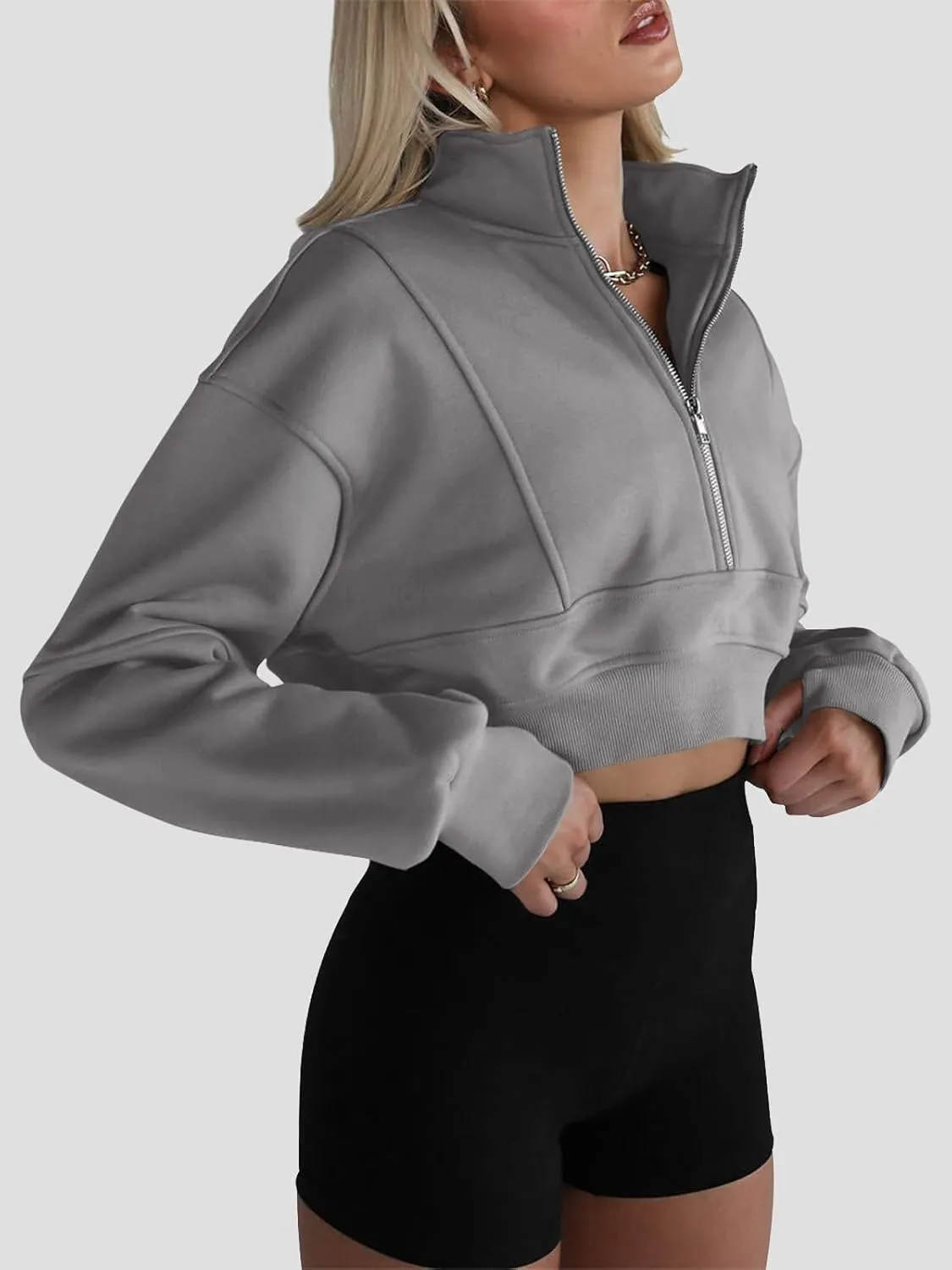 Fisoew Women's Half Zipper Cropped Sweatshirts Casual Long Sleeve Tops With Thumb Hole