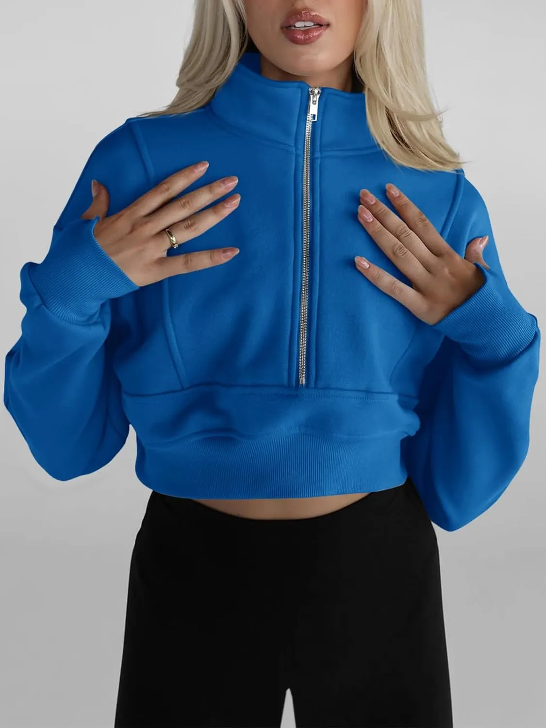 Fisoew Women's Half Zipper Cropped Sweatshirts Casual Long Sleeve Tops With Thumb Hole