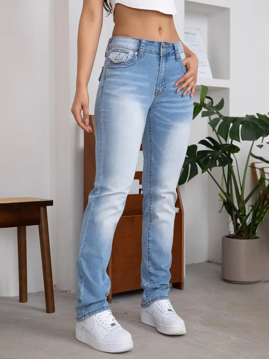 Flamingals Straight Leg Jeans for Women Stretchy Mid Waist Double Button Wash Solid Skinny Jean