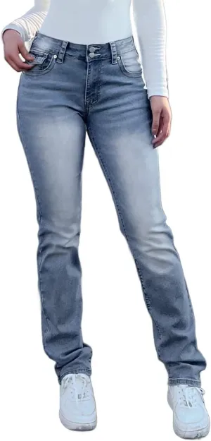 Flamingals Straight Leg Jeans for Women Stretchy Mid Waist Double Button Wash Solid Skinny Jean