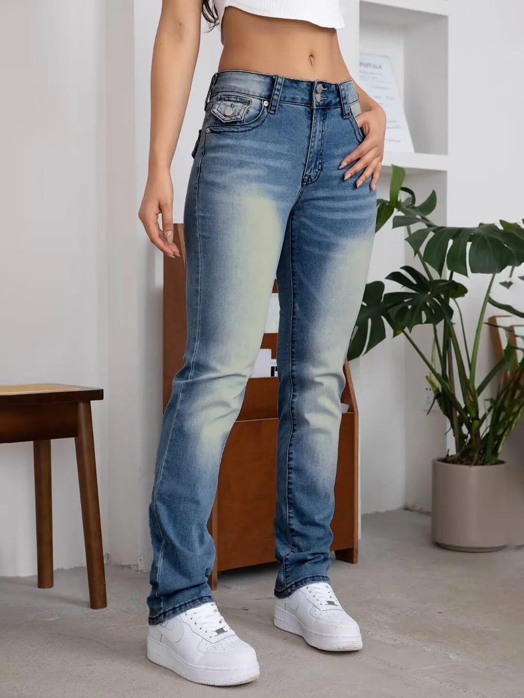 Flamingals Straight Leg Jeans for Women Stretchy Mid Waist Double Button Wash Solid Skinny Jean