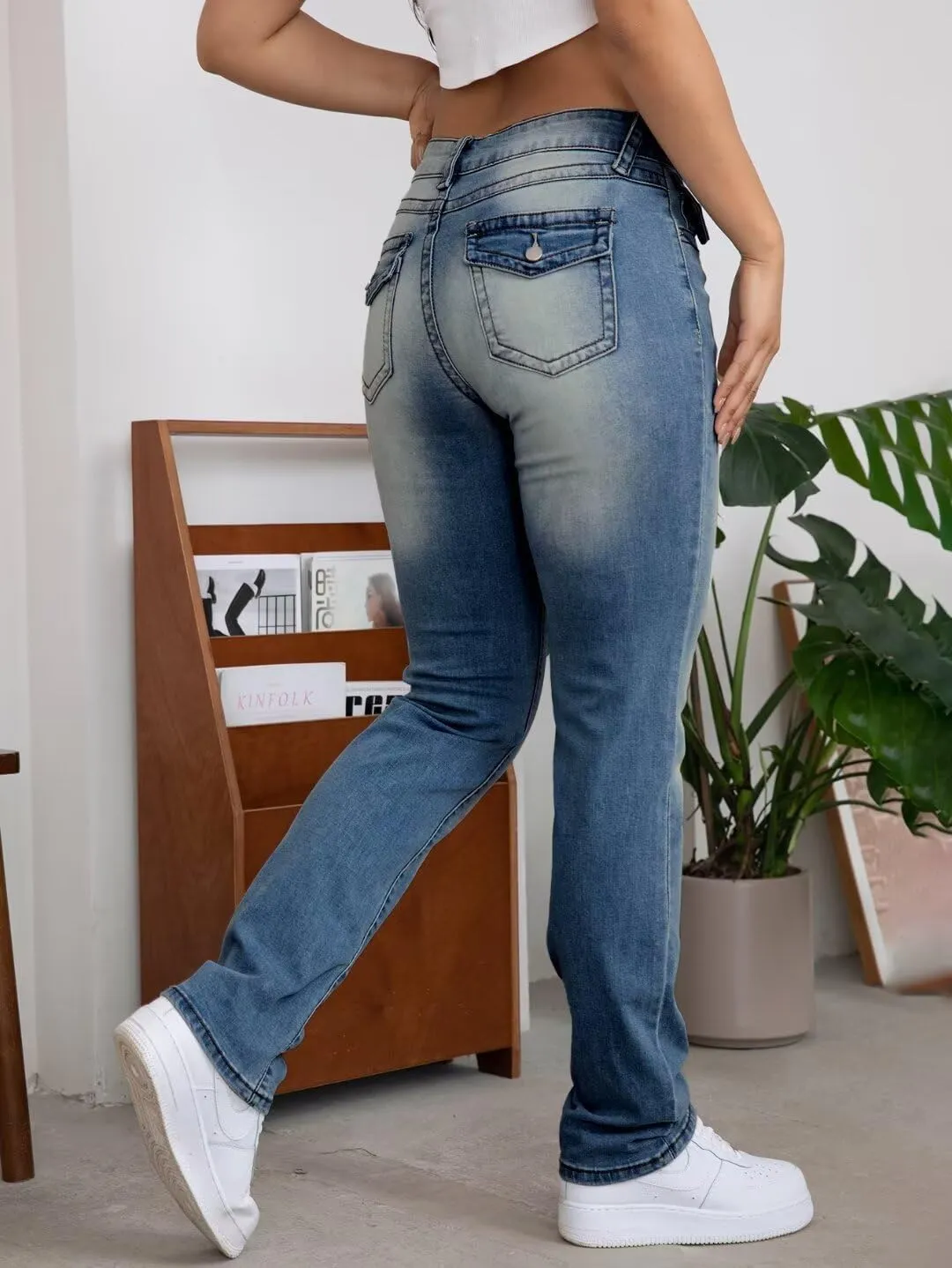 Flamingals Straight Leg Jeans for Women Stretchy Mid Waist Double Button Wash Solid Skinny Jean