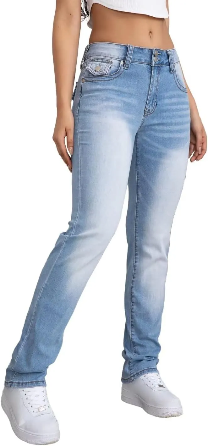 Flamingals Straight Leg Jeans for Women Stretchy Mid Waist Double Button Wash Solid Skinny Jean