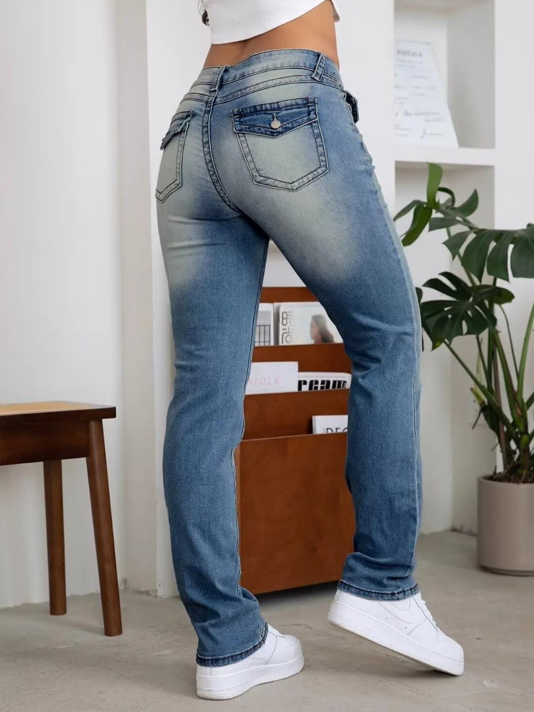 Flamingals Straight Leg Jeans for Women Stretchy Mid Waist Double Button Wash Solid Skinny Jean