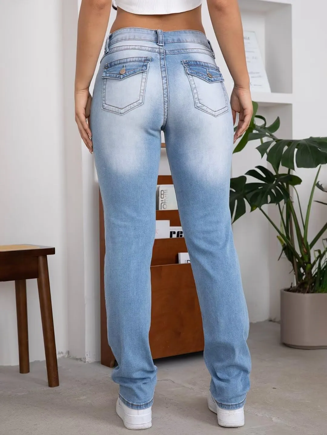 Flamingals Straight Leg Jeans for Women Stretchy Mid Waist Double Button Wash Solid Skinny Jean