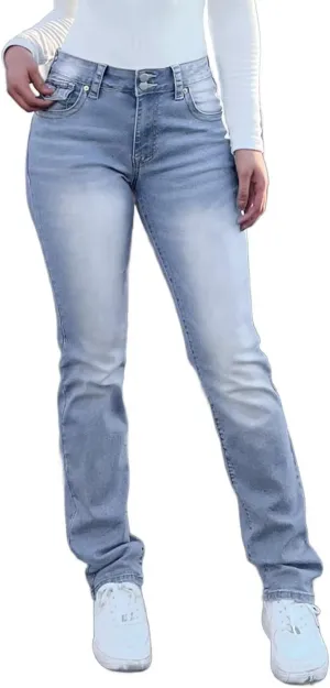Flamingals Straight Leg Jeans for Women Stretchy Mid Waist Double Button Wash Solid Skinny Jean
