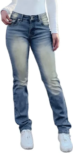 Flamingals Straight Leg Jeans for Women Stretchy Mid Waist Double Button Wash Solid Skinny Jean