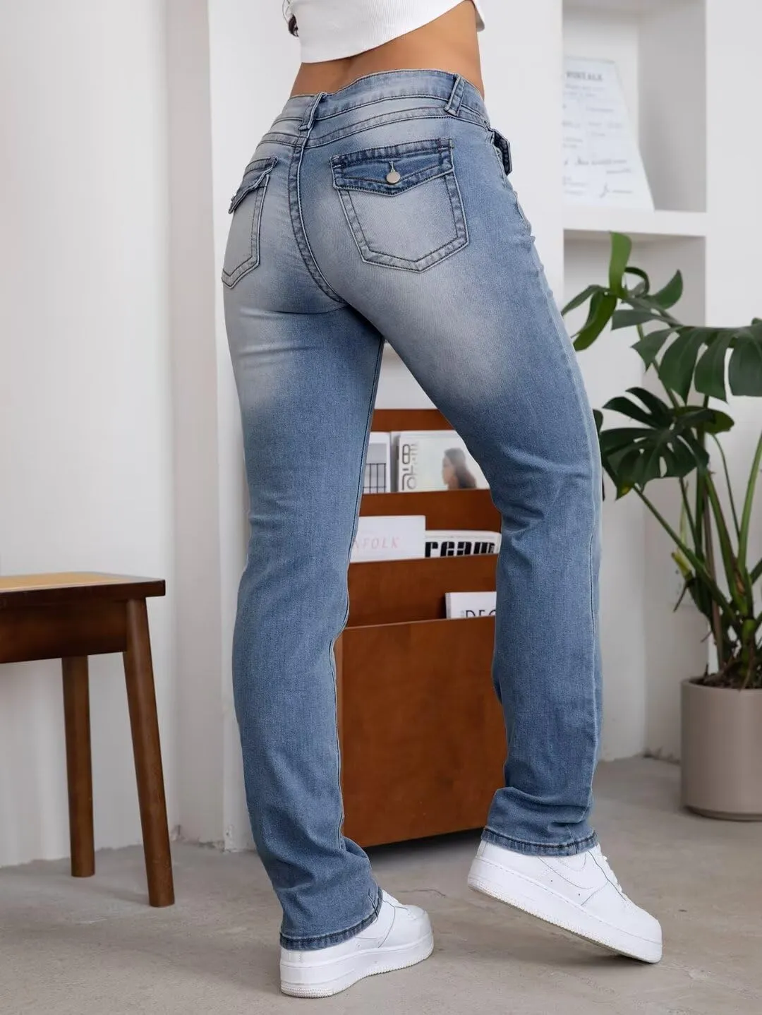 Flamingals Straight Leg Jeans for Women Stretchy Mid Waist Double Button Wash Solid Skinny Jean