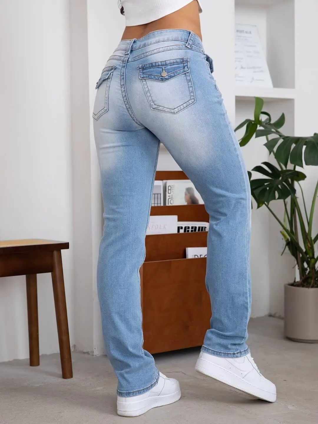 Flamingals Straight Leg Jeans for Women Stretchy Mid Waist Double Button Wash Solid Skinny Jean