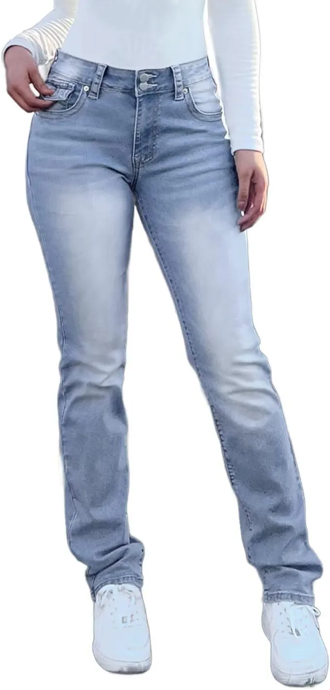 Flamingals Straight Leg Jeans for Women Stretchy Mid Waist Double Button Wash Solid Skinny Jean