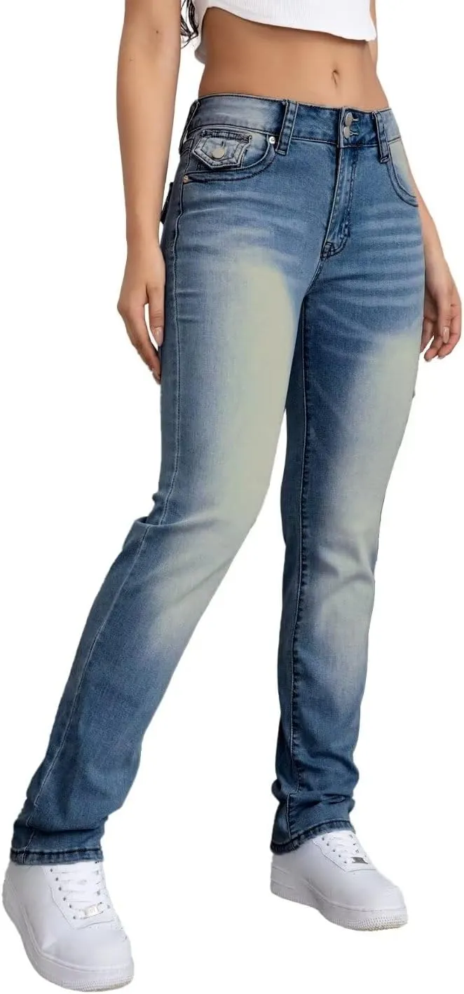 Flamingals Straight Leg Jeans for Women Stretchy Mid Waist Double Button Wash Solid Skinny Jean