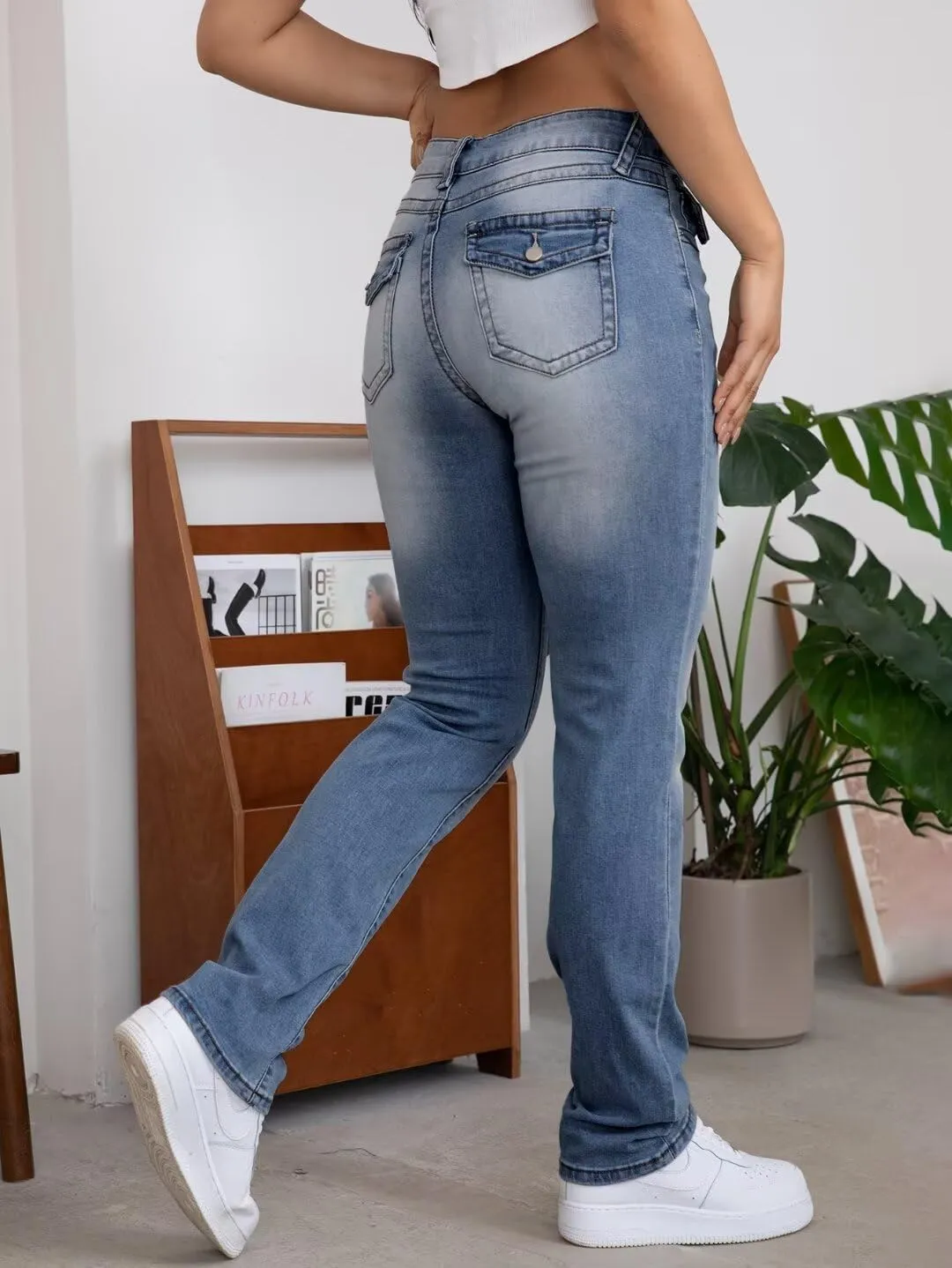 Flamingals Straight Leg Jeans for Women Stretchy Mid Waist Double Button Wash Solid Skinny Jean