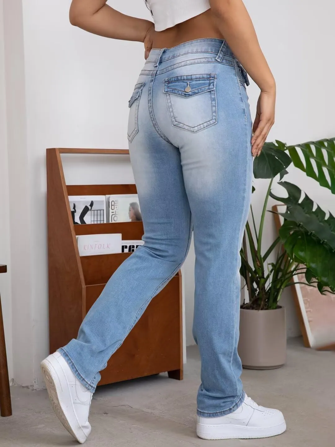 Flamingals Straight Leg Jeans for Women Stretchy Mid Waist Double Button Wash Solid Skinny Jean