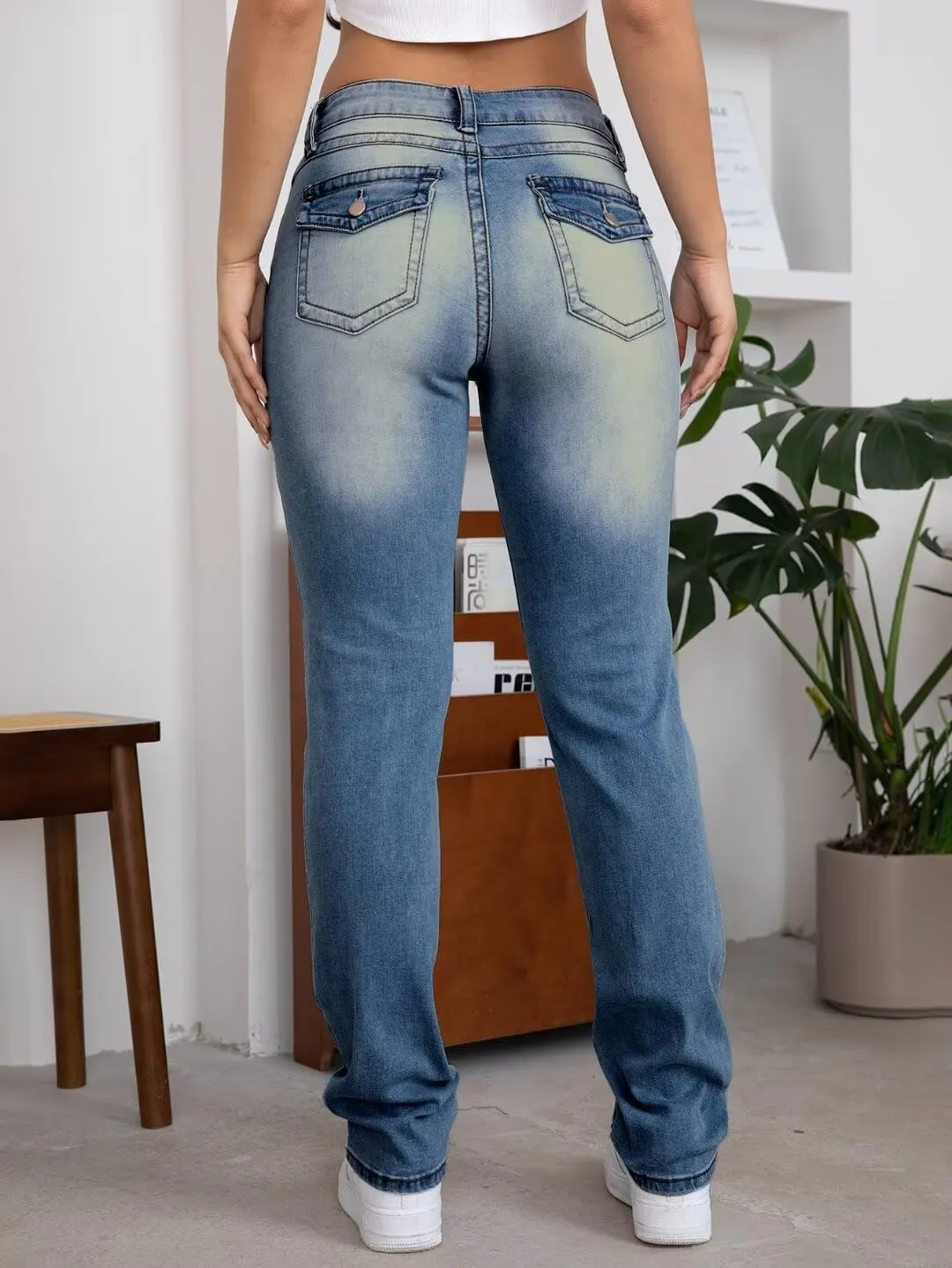 Flamingals Straight Leg Jeans for Women Stretchy Mid Waist Double Button Wash Solid Skinny Jean