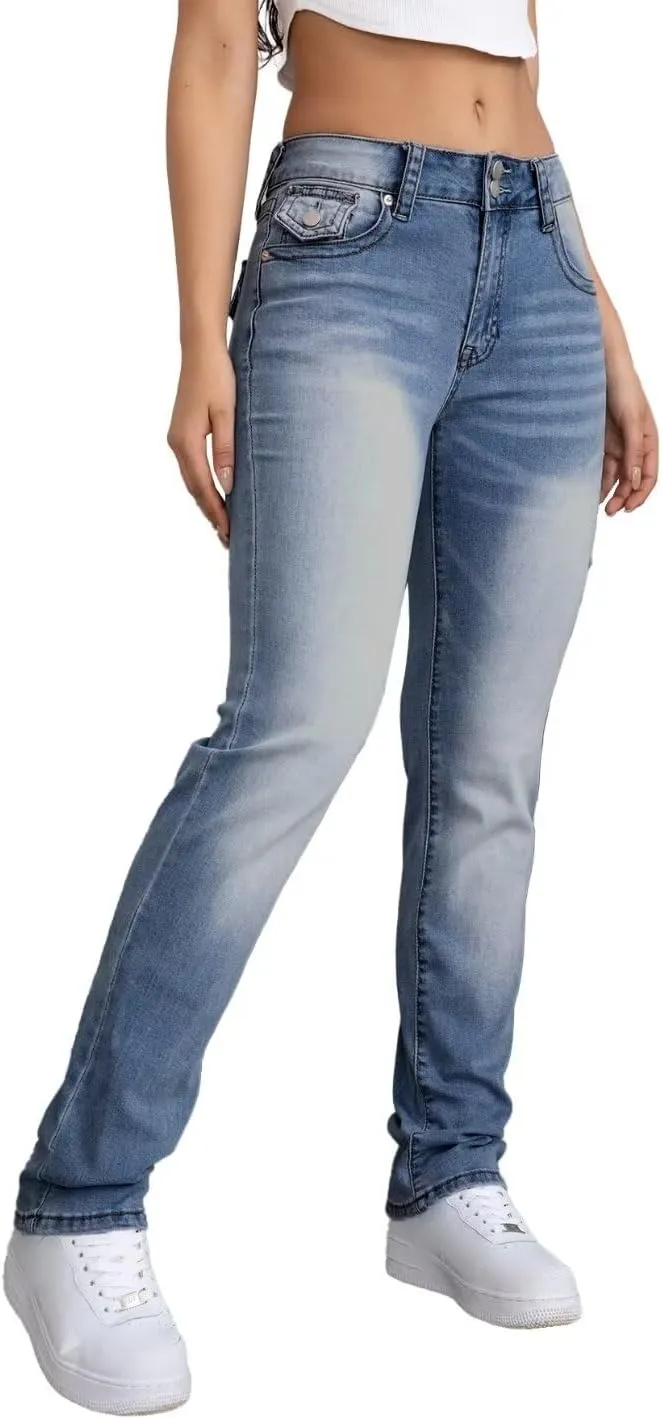 Flamingals Straight Leg Jeans for Women Stretchy Mid Waist Double Button Wash Solid Skinny Jean