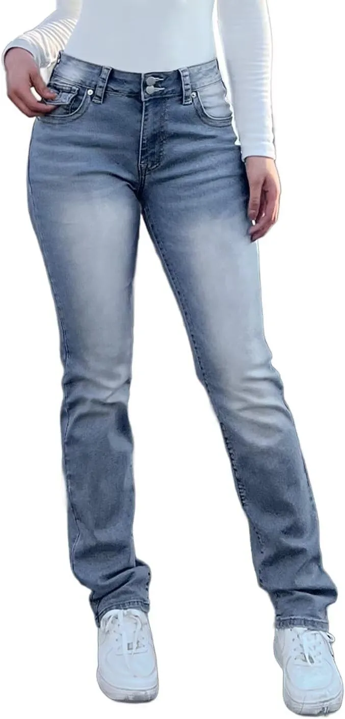 Flamingals Straight Leg Jeans for Women Stretchy Mid Waist Double Button Wash Solid Skinny Jean