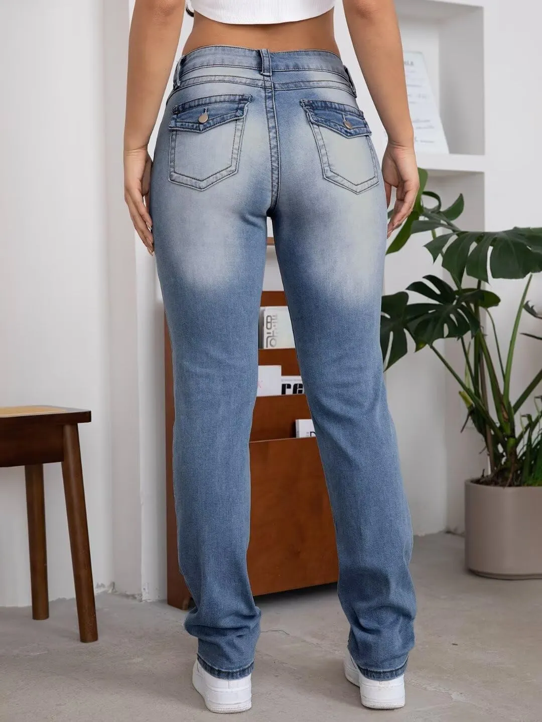 Flamingals Straight Leg Jeans for Women Stretchy Mid Waist Double Button Wash Solid Skinny Jean