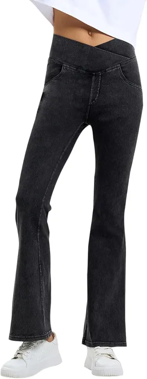 Flare Jeans for Women Crossover High Waisted Tummy Control Jeggins Slim Fit Curvy Bootcut Denim Leggings with Pockets