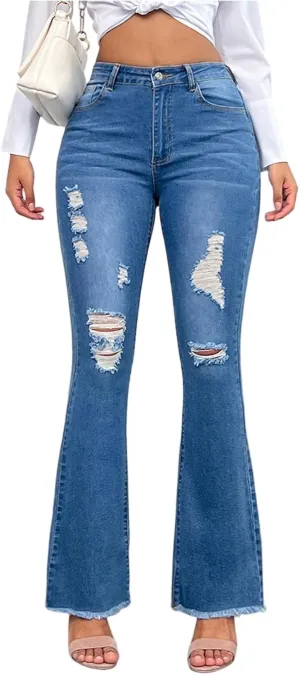 Flare Jeans for Women Ripped High Waisted Raw Hem Bootcut Jeans Stretchy Colombian Design Butt Lifting Denim Pants