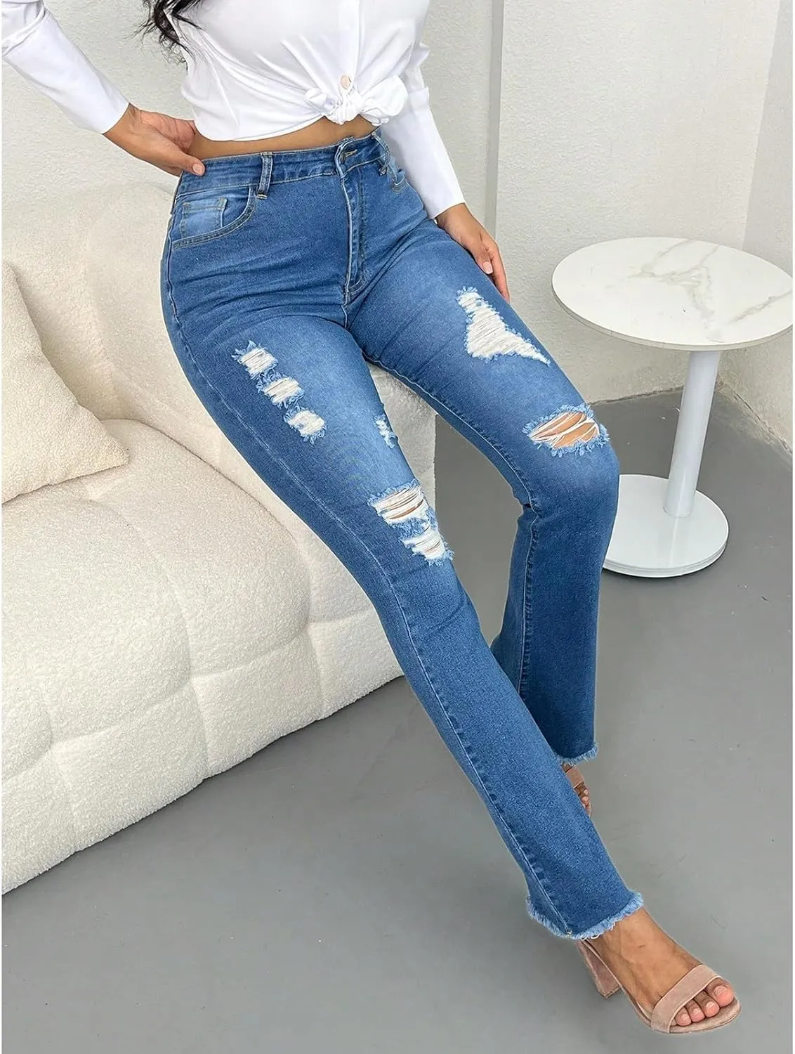 Flare Jeans for Women Ripped High Waisted Raw Hem Bootcut Jeans Stretchy Colombian Design Butt Lifting Denim Pants